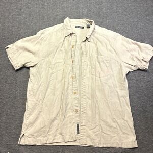 REI Button Up Shirt Mens Large Beige Hemp Cotton Short Sleeve Pocket Light Stain